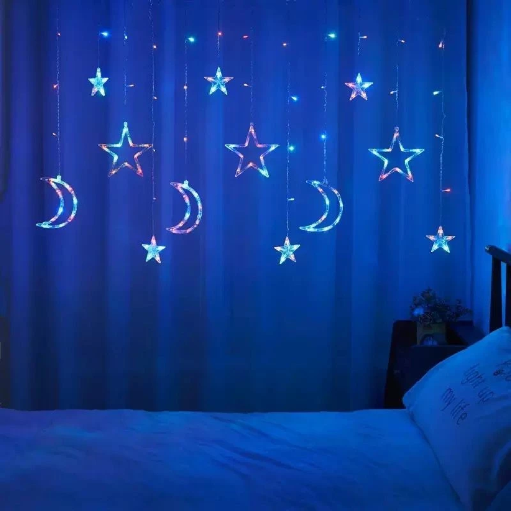 Cortina de Luz LED 3,5m Estrelas e Luas Decorativas com Controle – Iluminação Natalina - Casa Elège