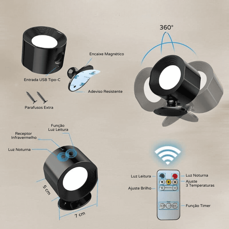 Arandela de Parede LED Bifocal Recarregável Compacta - Casa Elège