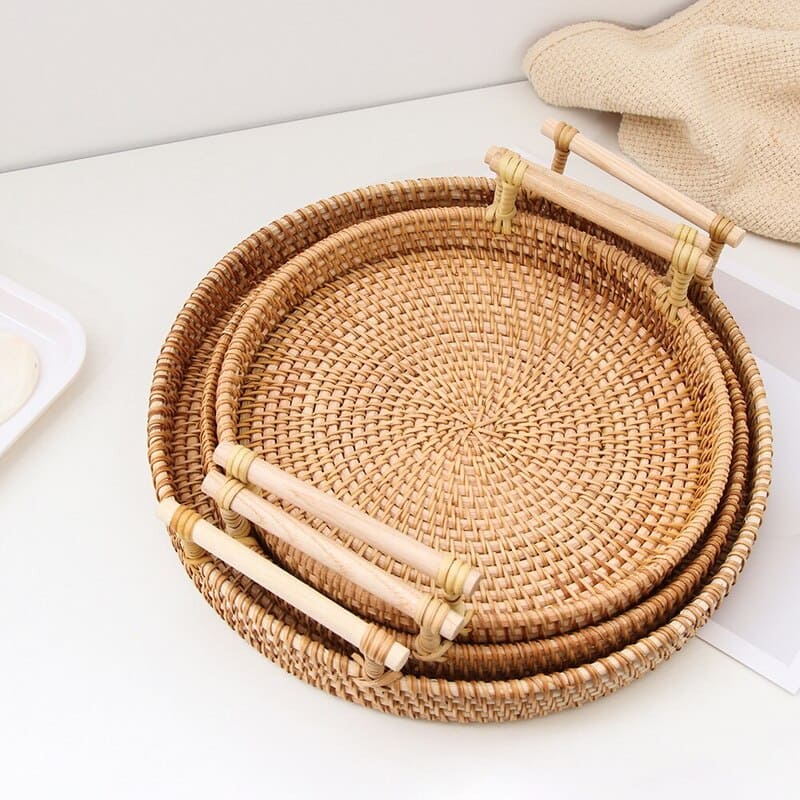 Bandeja Redonda de Vime – Artesanal e Elegante - Kit 3 peças (P+M+G) Casa Elège