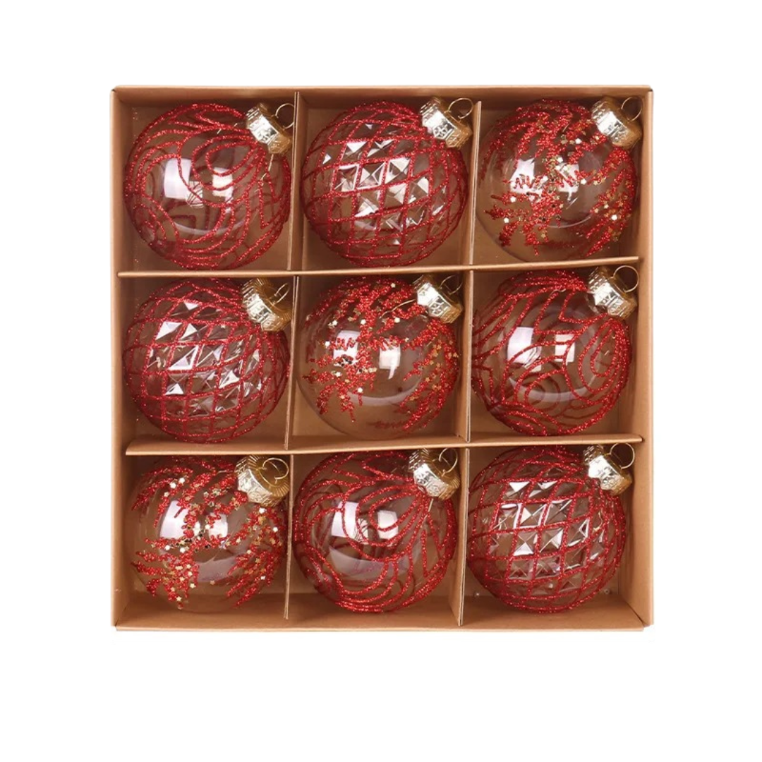 Bolas de Natal 9 Peças Transparentes - Estilo Natalino - Vermelho 8cm Casa Elège