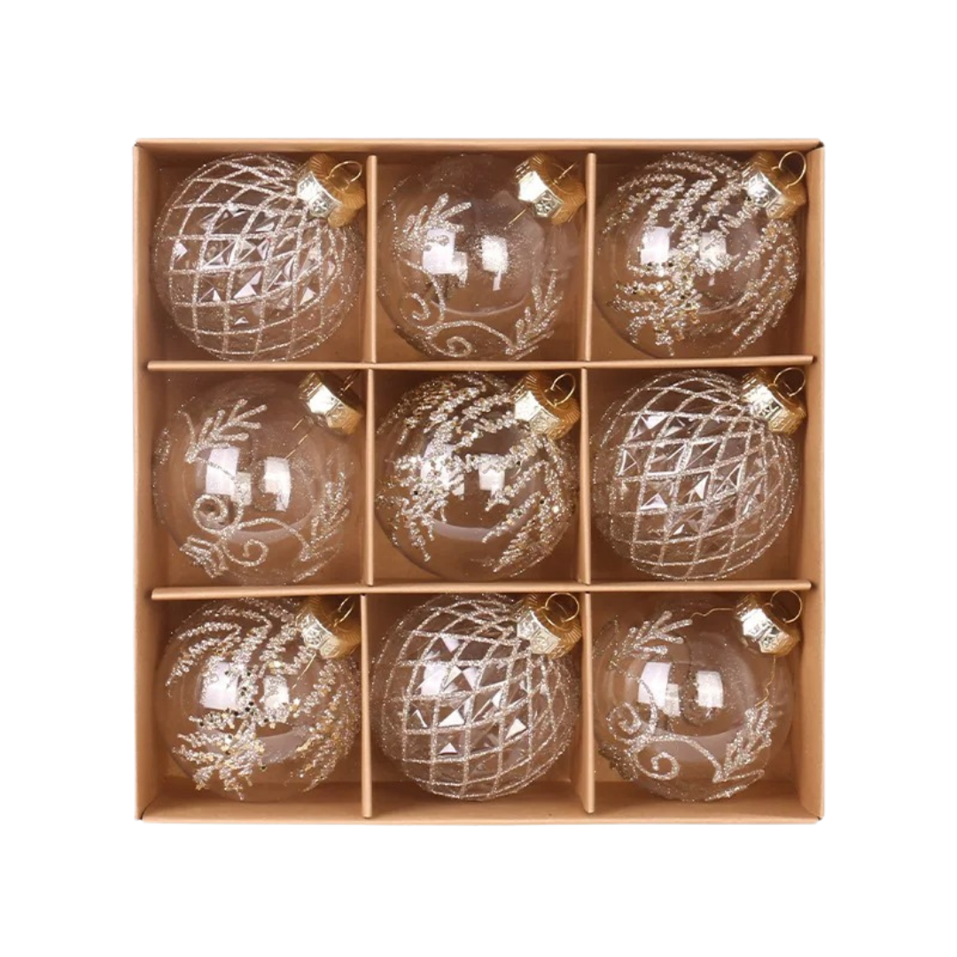 Bolas de Natal 9 Peças Transparentes - Estilo Natalino - Champagne 8cm Casa Elège