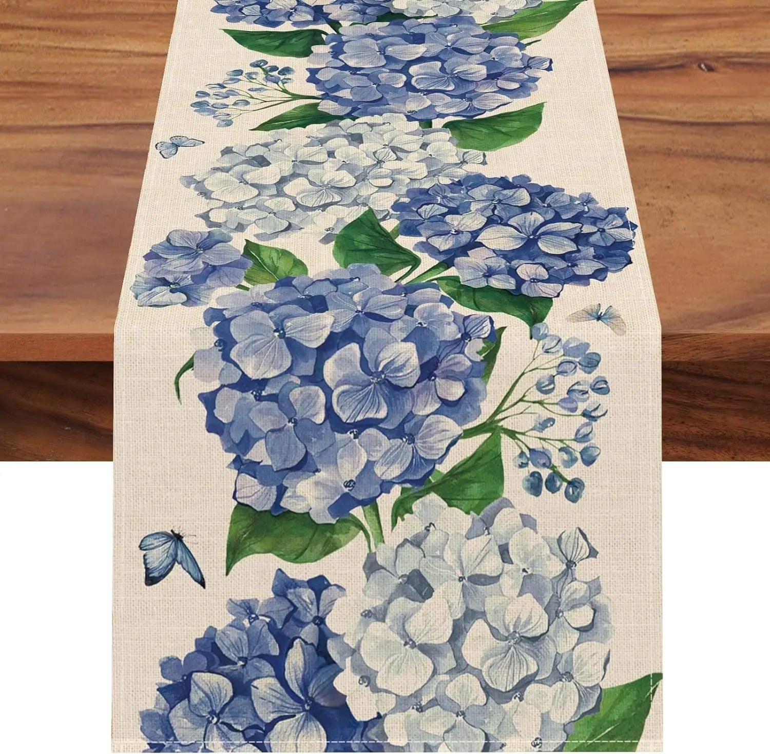 Caminho de Mesa em Linho com Estampa Hortênsia e Borboletas - Azul Casa Elège
