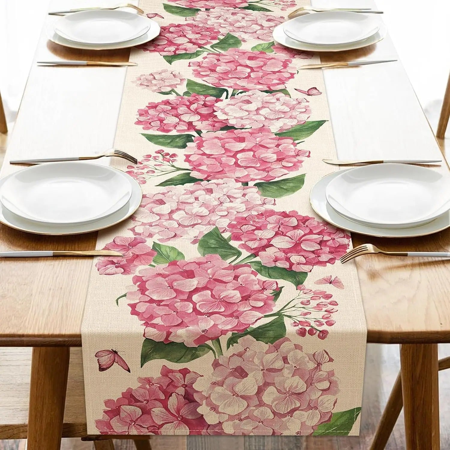 Caminho de Mesa em Linho com Estampa Hortênsia e Borboletas - Casa Elège
