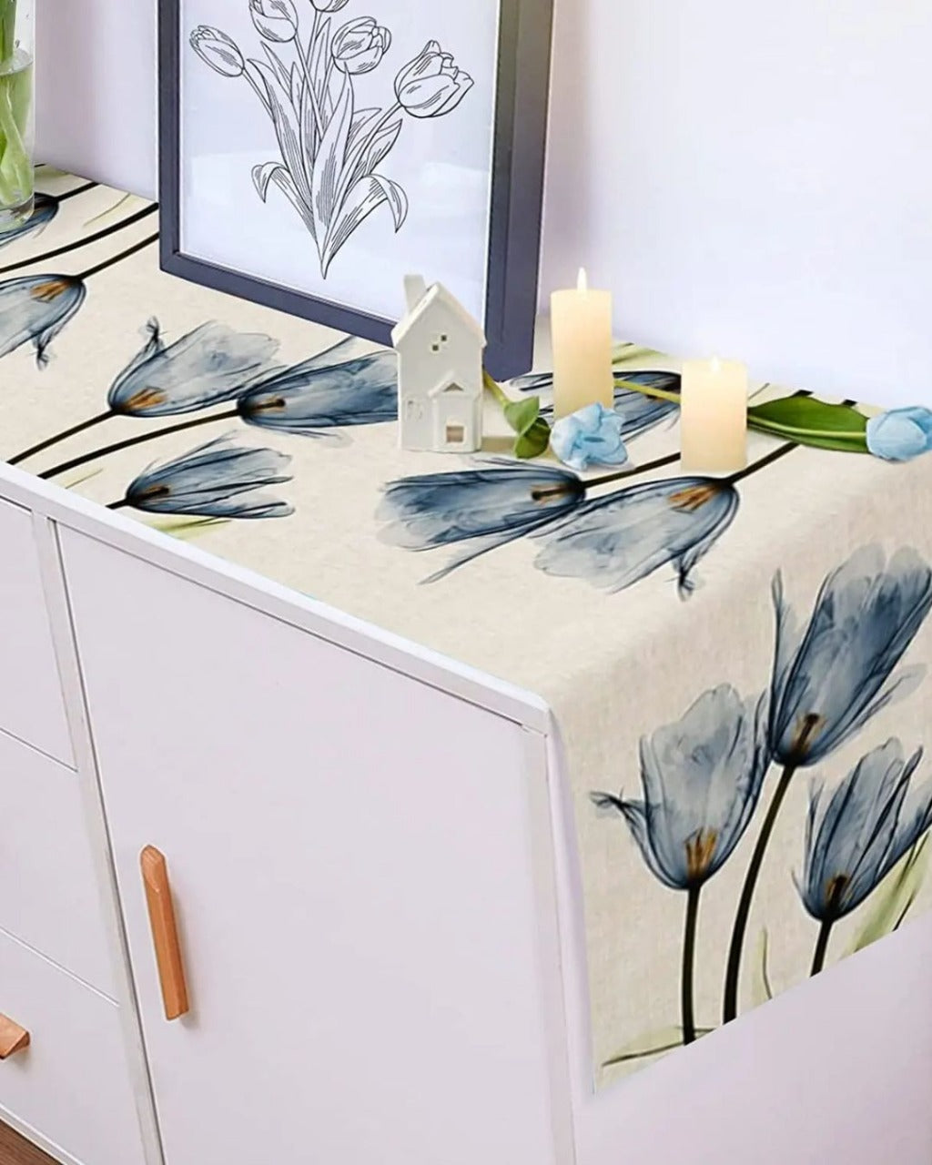 Caminho de Mesa de Linho com Estampa de Tulipa Artesanal - Casa Elège