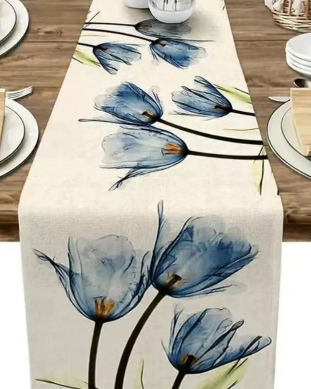 Caminho de Mesa de Linho com Estampa de Tulipa Artesanal - Azul 33X183cm Casa Elège