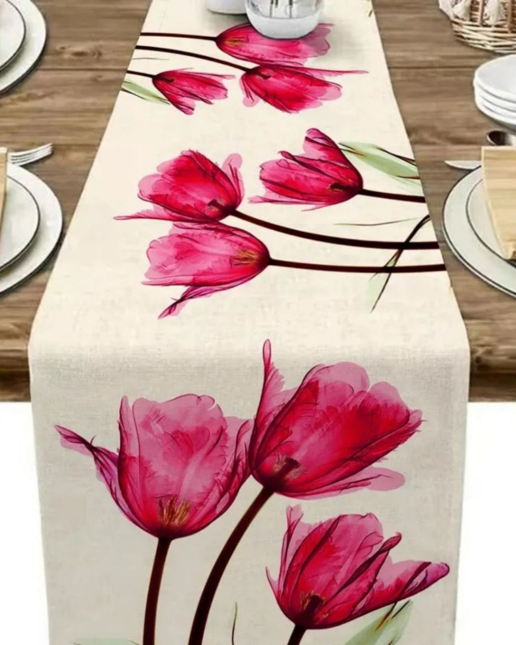 Caminho de Mesa de Linho com Estampa de Tulipa Artesanal - Rosa 33X183cm Casa Elège