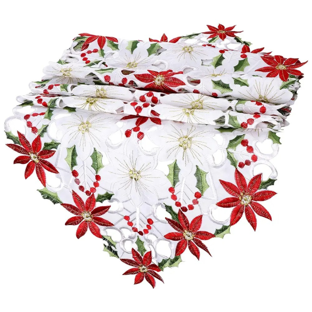 Caminho de Mesa de Natal Bordado Poinsétia em Linho - Casa Elège