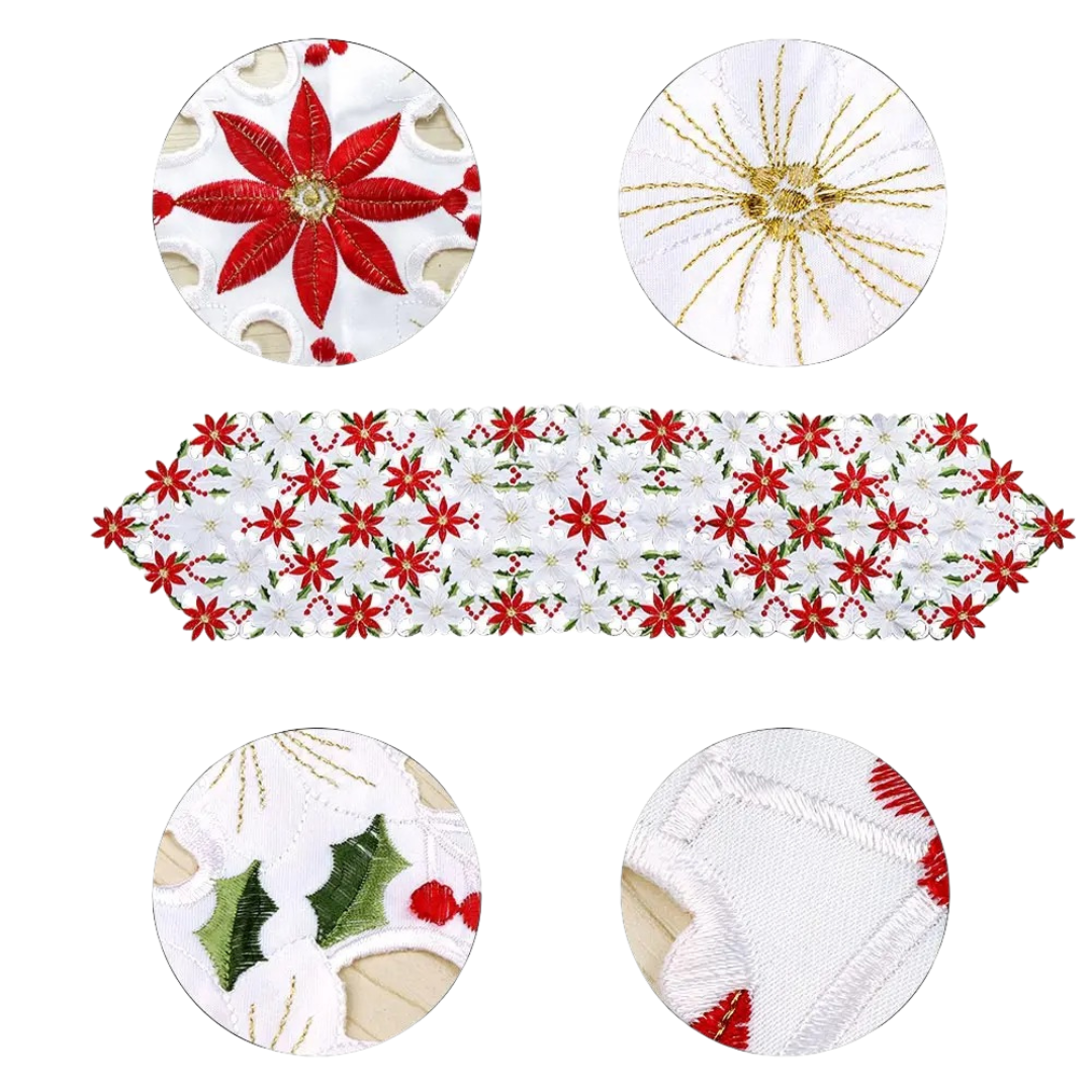 Caminho de Mesa de Natal Bordado Poinsétia em Linho - Casa Elège