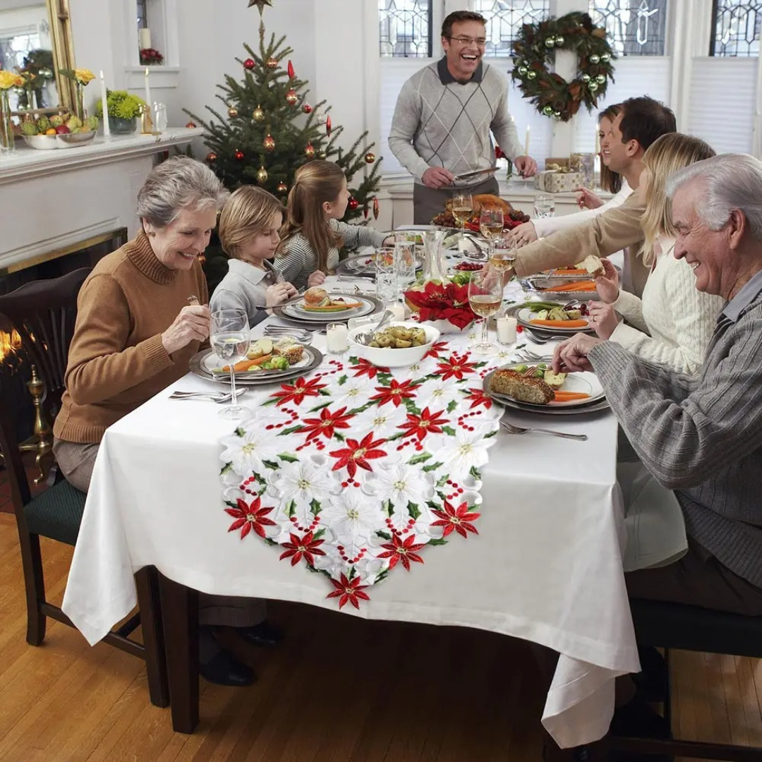 Caminho de Mesa de Natal Bordado Poinsétia em Linho - Casa Elège
