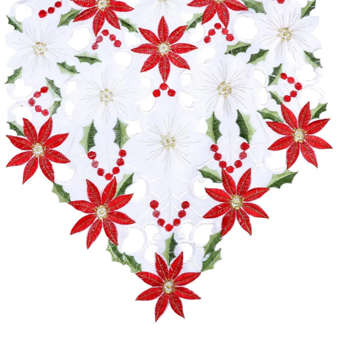 Caminho de Mesa de Natal Bordado Poinsétia em Linho - 38x176 cm Casa Elège
