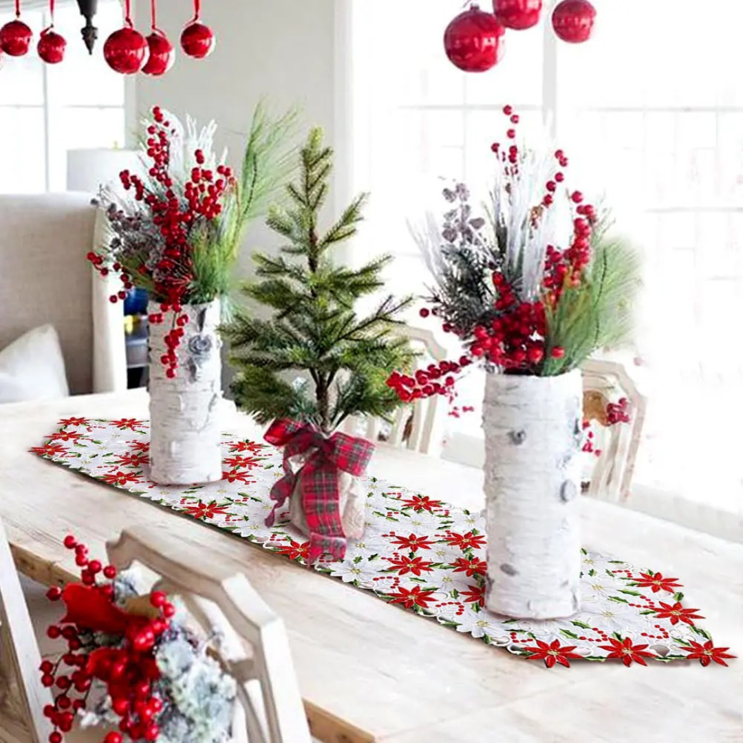 Caminho de Mesa de Natal Bordado Poinsétia em Linho - Casa Elège