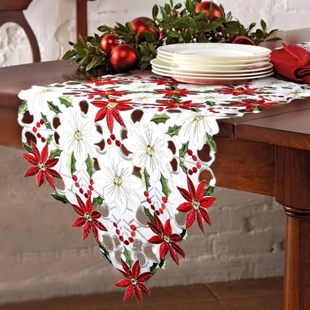 Caminho de Mesa de Natal Bordado Poinsétia em Linho - Casa Elège