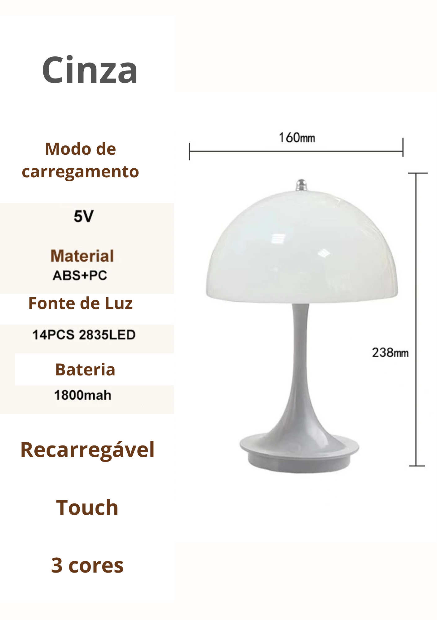 Luminária de Mesa Cogumelo LED Três Cores Compacta Moderna - Cinza Casa Elège