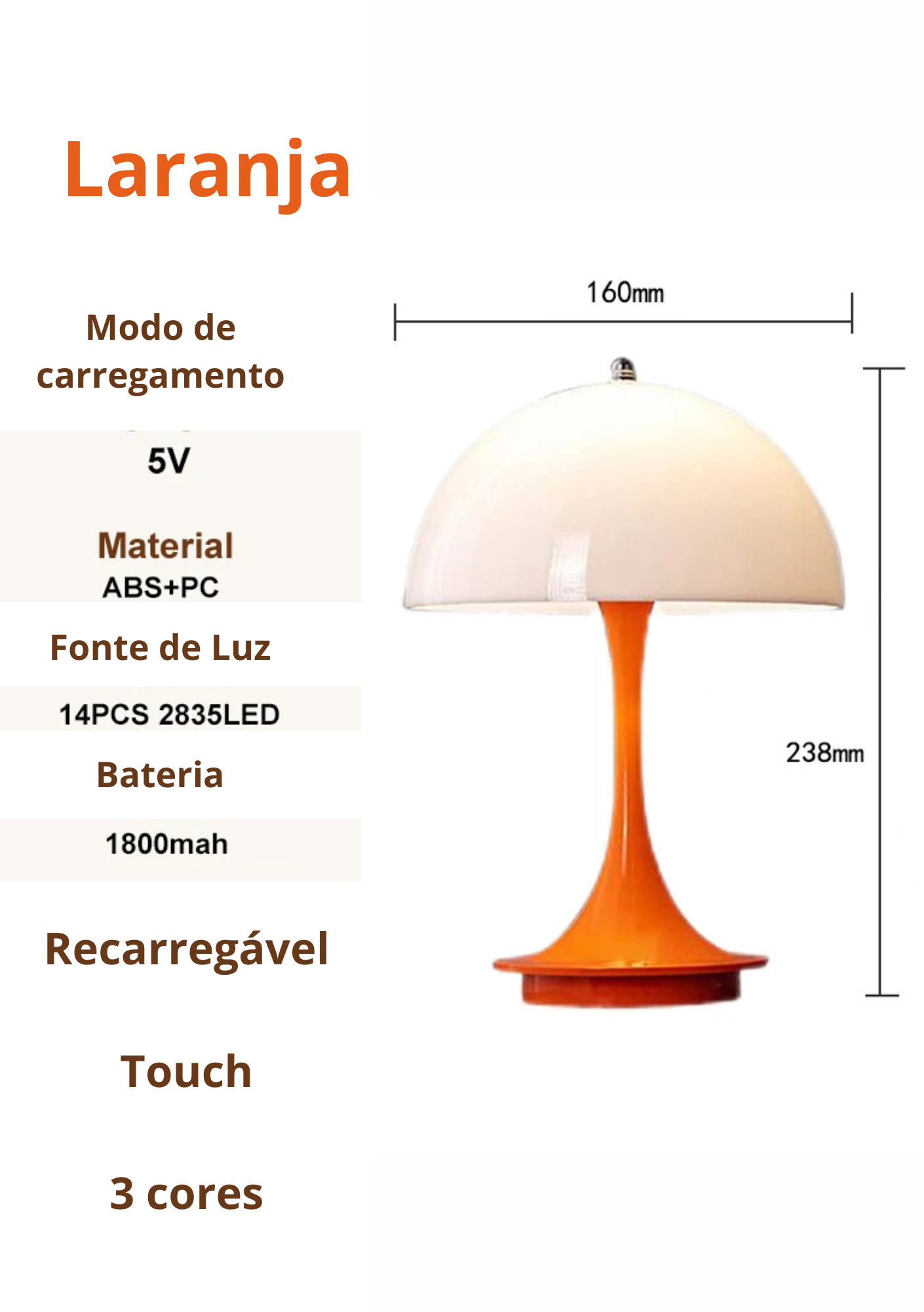 Luminária de Mesa Cogumelo LED Três Cores Compacta Moderna - Laranja Casa Elège