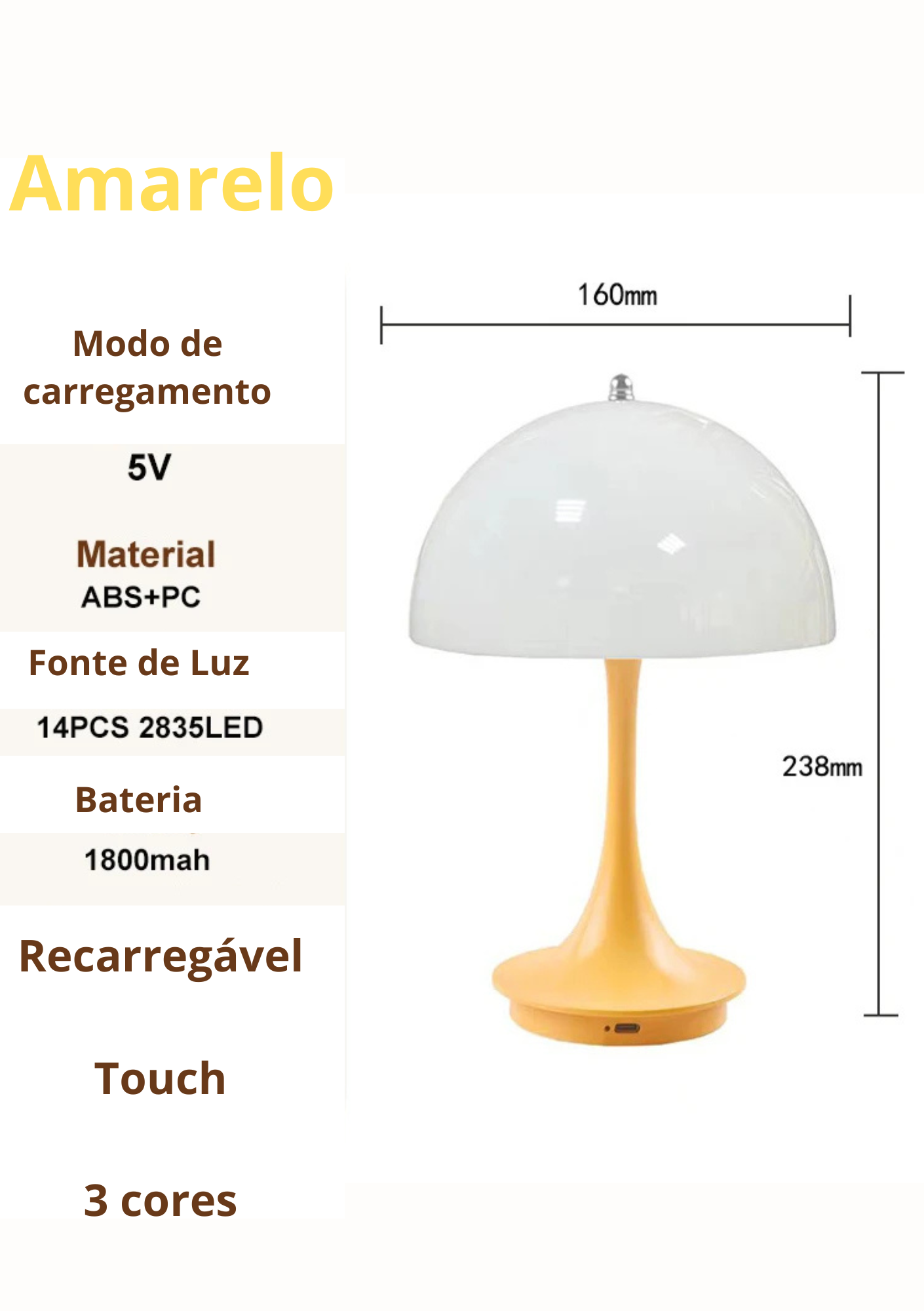 Luminária de Mesa Cogumelo LED Três Cores Compacta Moderna - Amarelo Casa Elège