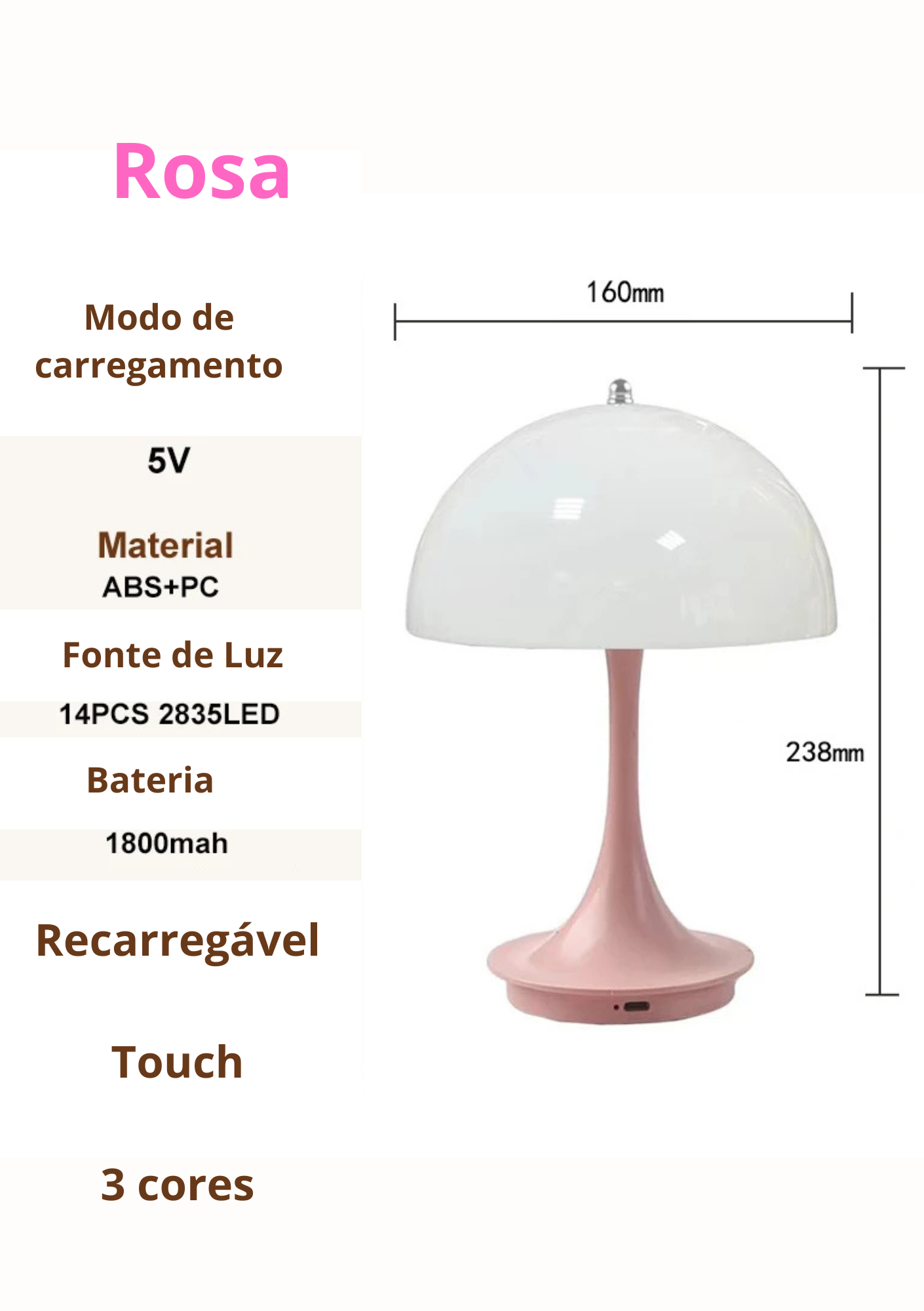 Luminária de Mesa Cogumelo LED Três Cores Compacta Moderna - Rosa Casa Elège
