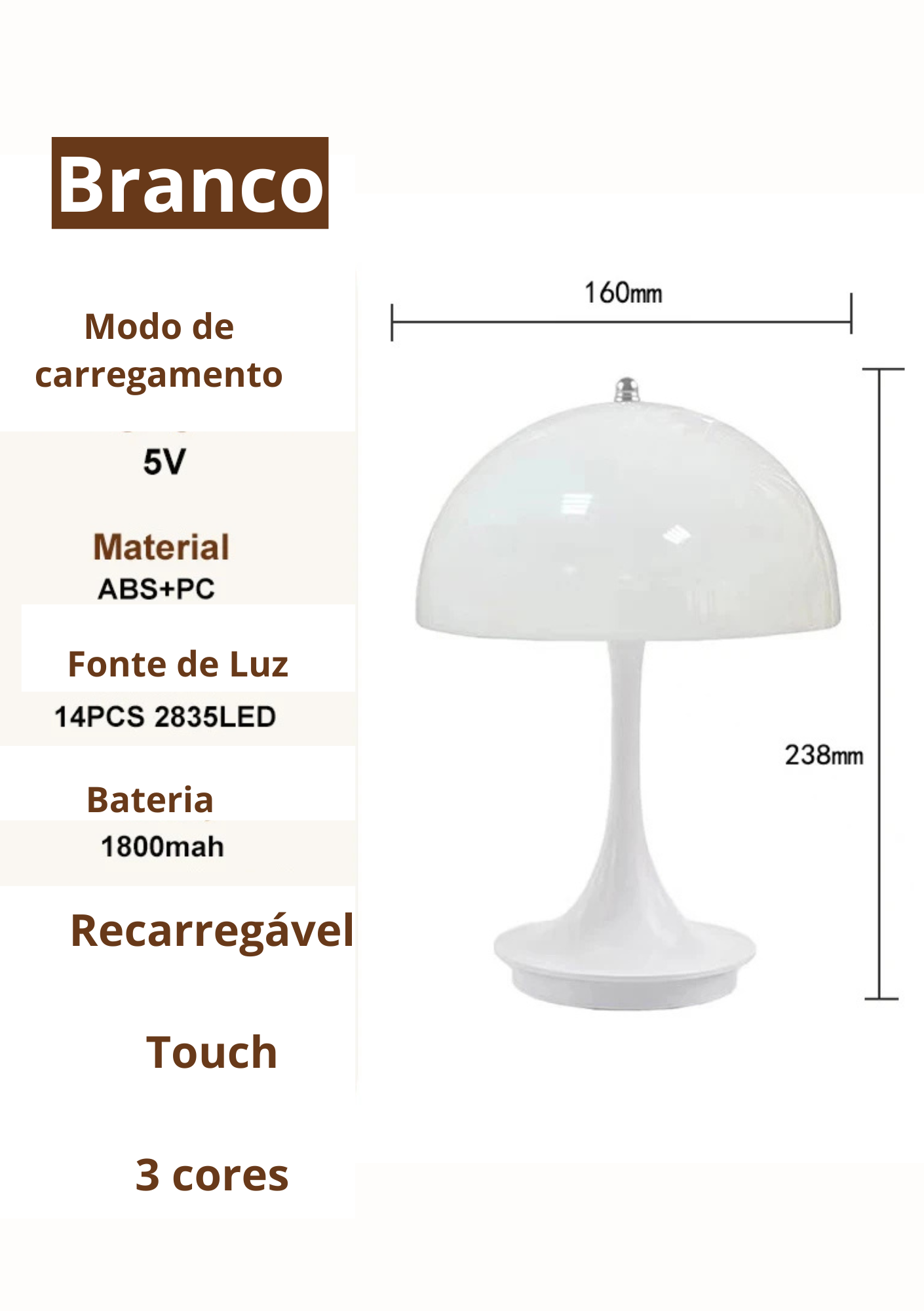 Luminária de Mesa Cogumelo LED Três Cores Compacta Moderna - Branco Casa Elège