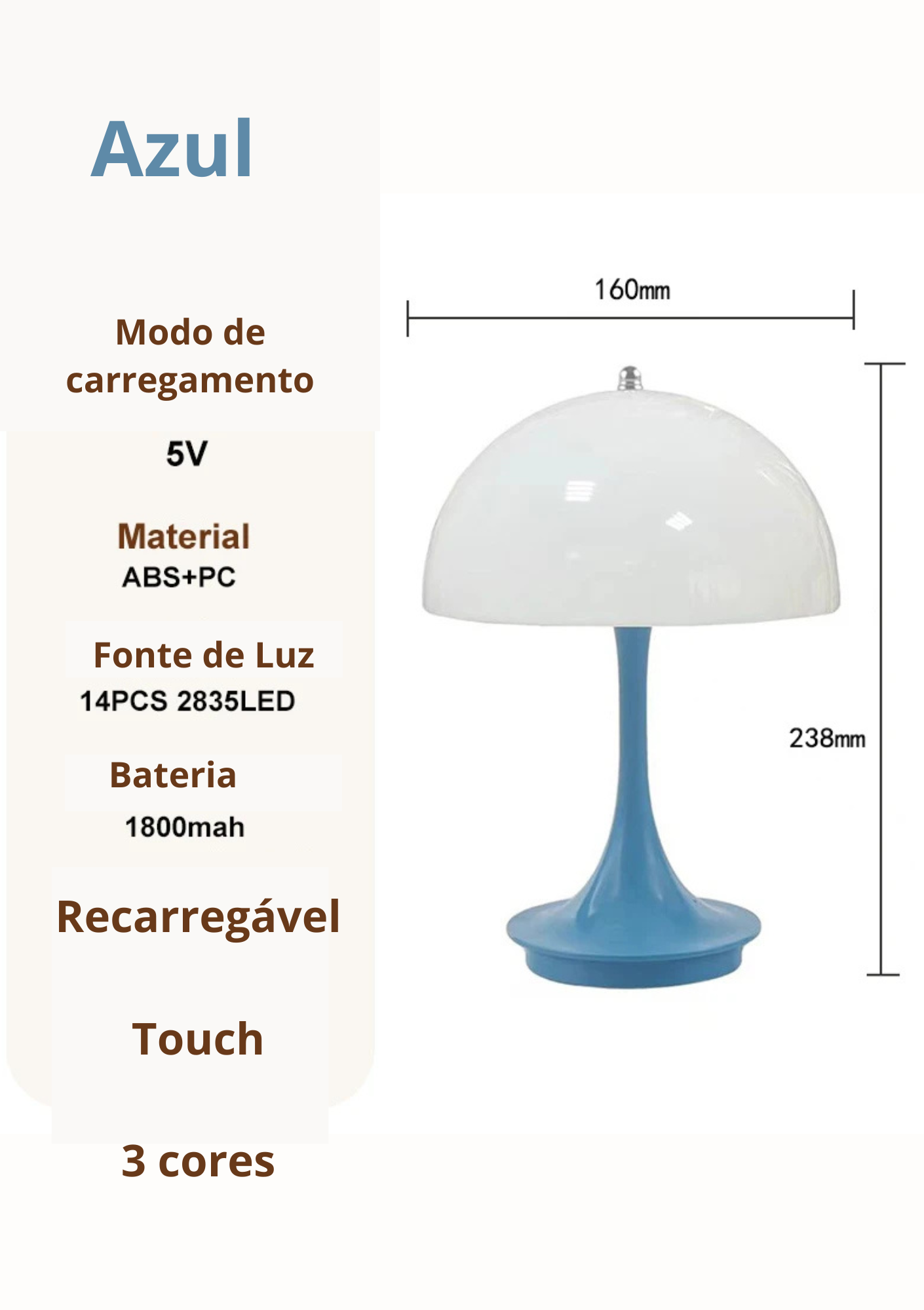 Luminária de Mesa Cogumelo LED Três Cores Compacta Moderna - Azul Casa Elège