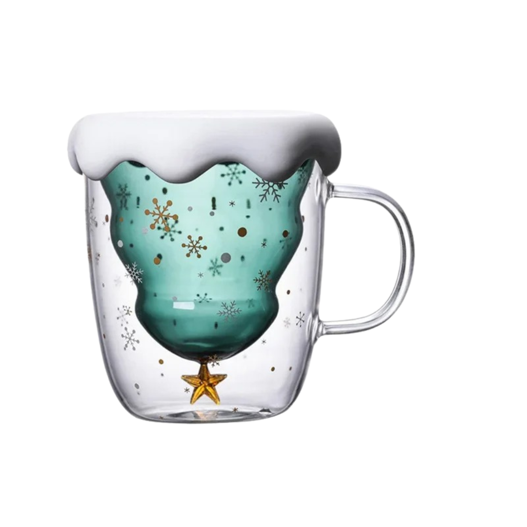 Caneca de Vidro Duplo Formato Árvore de Natal 300ml - Com Tampa 300ML Casa Elège