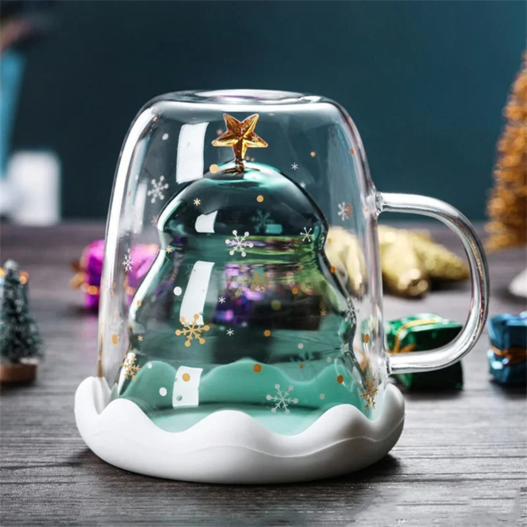 Caneca de Vidro Duplo Formato Árvore de Natal 300ml - Casa Elège