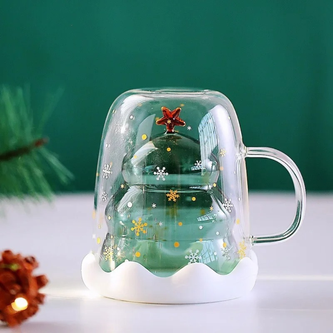 Caneca de Vidro Duplo Formato Árvore de Natal 300ml - Casa Elège
