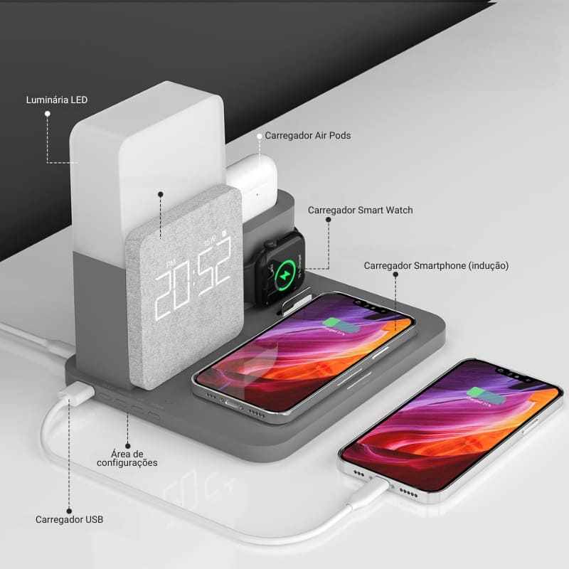 Luminária de Mesa com Carregador por Indução e Despertador - Casa Elège