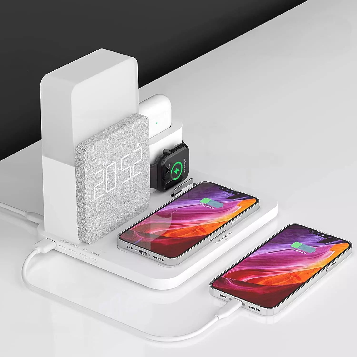 Luminária de Mesa com Carregador por Indução e Despertador - Branco Casa Elège