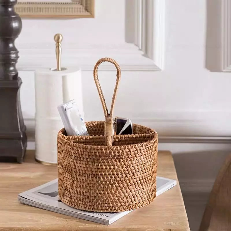 Cesta de Armazenamento Rústica em Vime Rattan Feita à Mão - Redondo com Alça Casa Elège