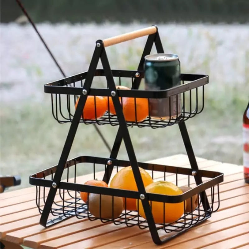 Cesta de Frutas 2 Andares com Alça de Madeira - Preto Casa Elège