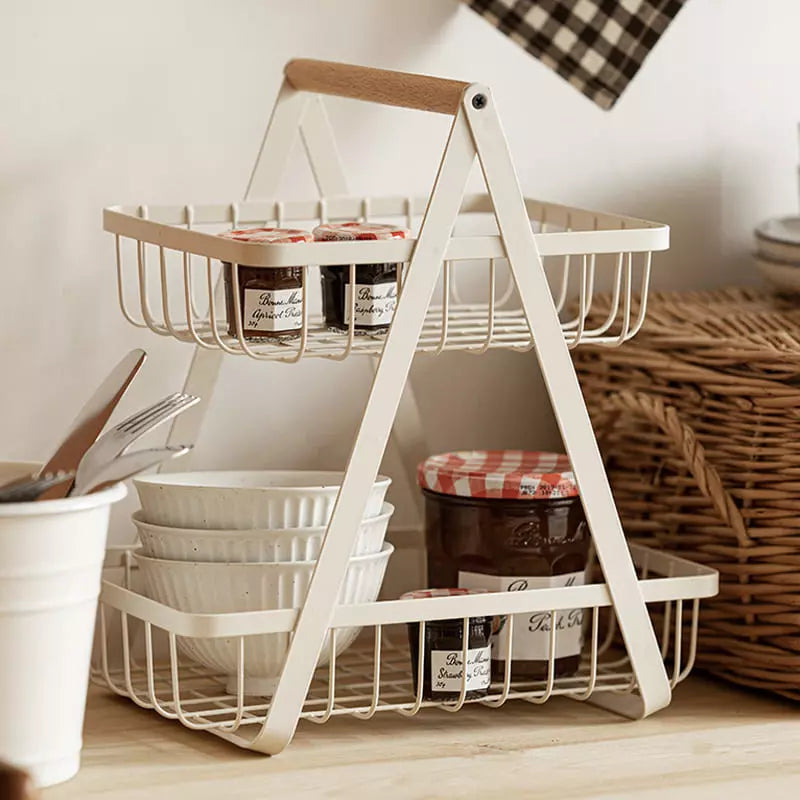 Cesta de Frutas 2 Andares com Alça de Madeira - Branco Casa Elège