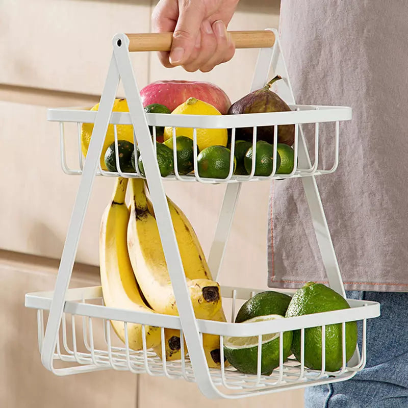 Cesta de Frutas 2 Andares com Alça de Madeira - Casa Elège