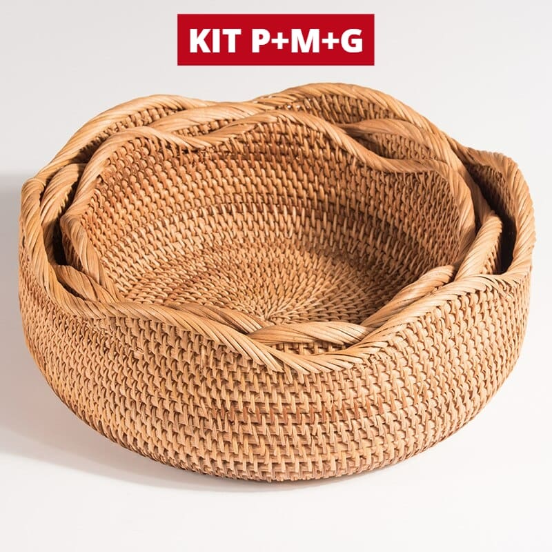 Cesta de Vime Rattan Feita à Mão - Kit 3 peças (P+M+G) Casa Elège