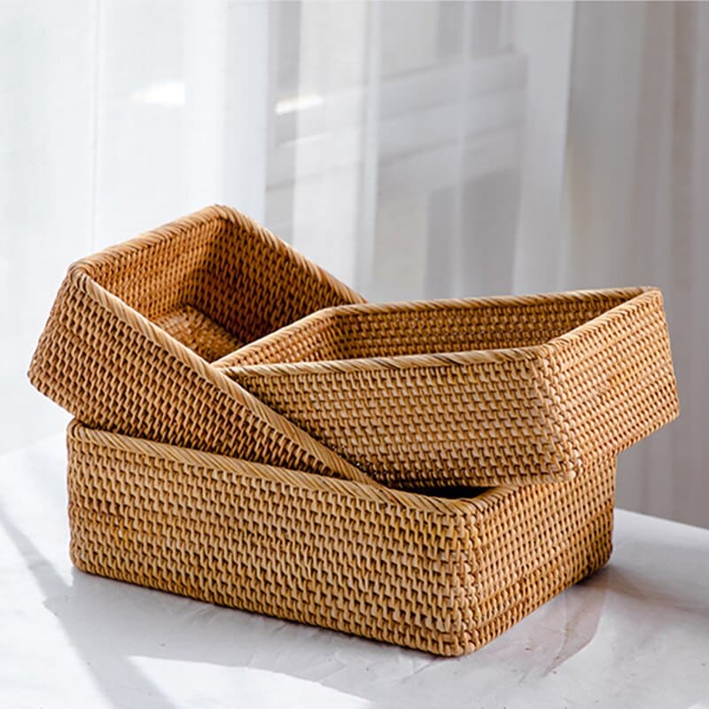 Cesto de Palha Rattan Feito à Mão para Quarto - Kit 3 Peças (P+M+G) Casa Elège