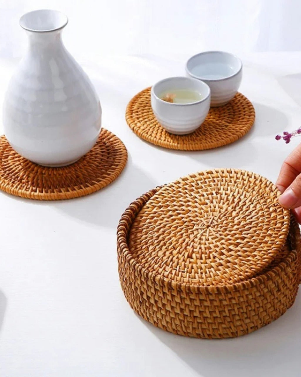 Conjunto de Descansos de Copo em Rattan Natural Artesanal - Casa Elège