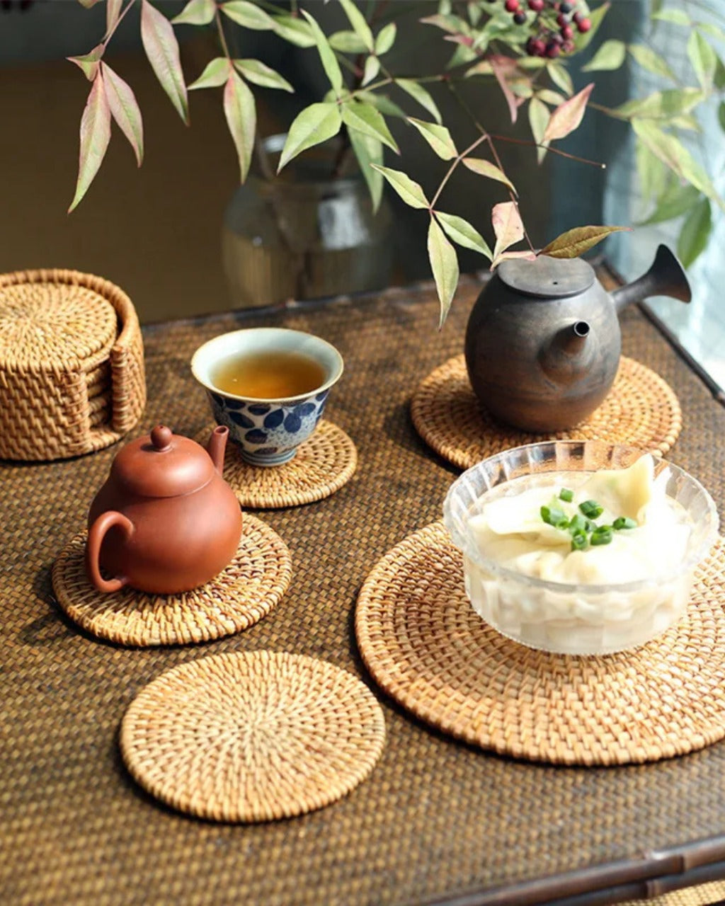 Conjunto de Descansos de Copo em Rattan Natural Artesanal - Casa Elège