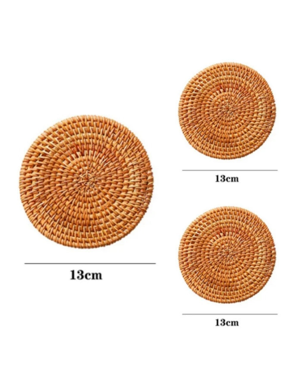 Conjunto de Descansos de Copo em Rattan Natural Artesanal - 3 peças de 13cm Redondo Casa Elège