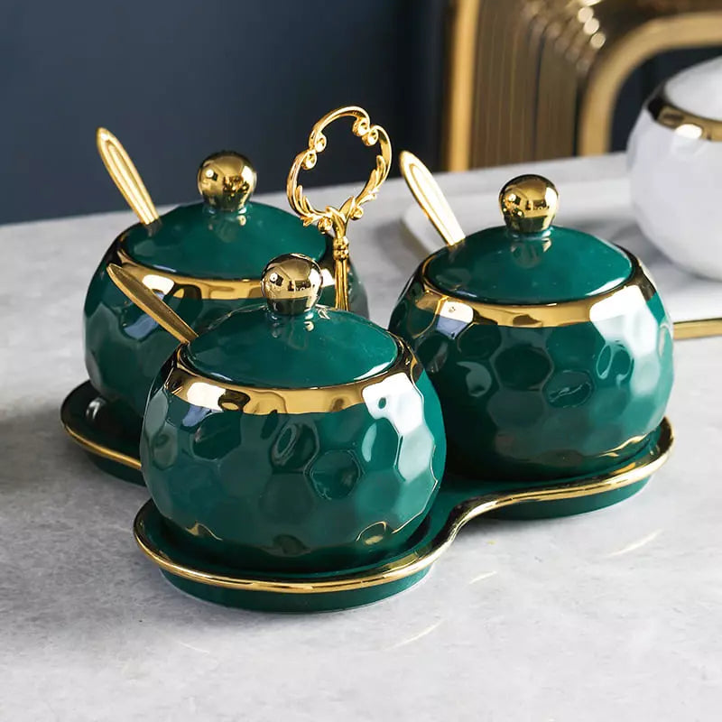 Conjunto de Potes de Cerâmica Kit Açucareiro e Saleiro - Verde Casa Elège