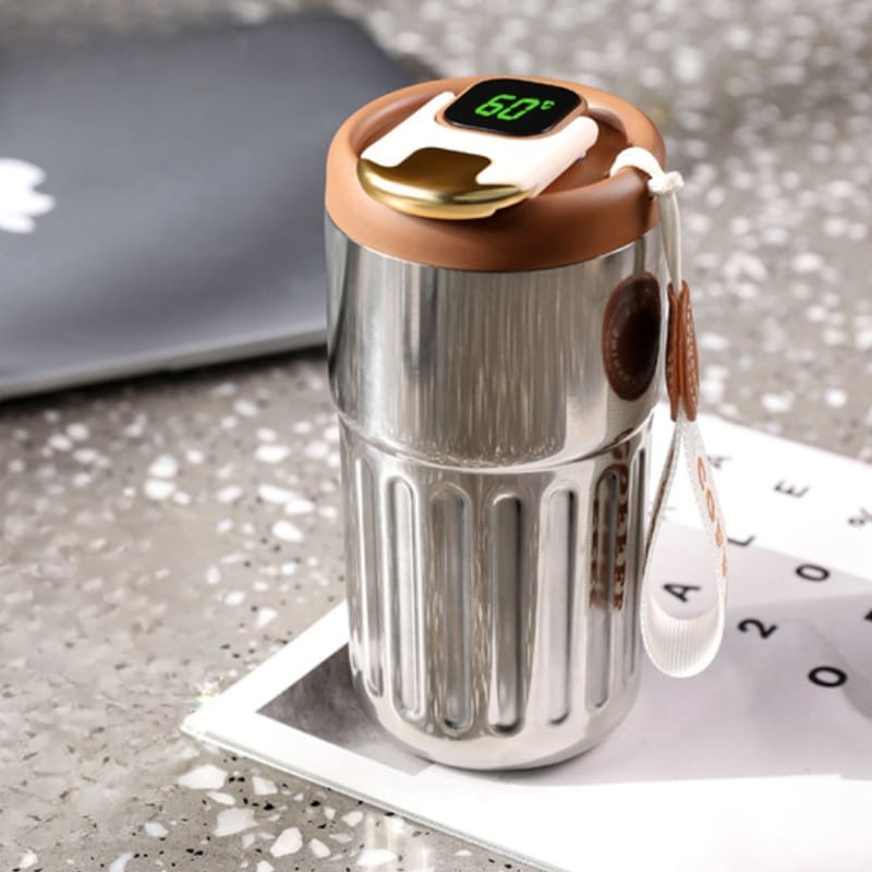 Copo Térmico 450ml em Inox 316 com Tampa Inteligente - Prata Marrom Casa Elège