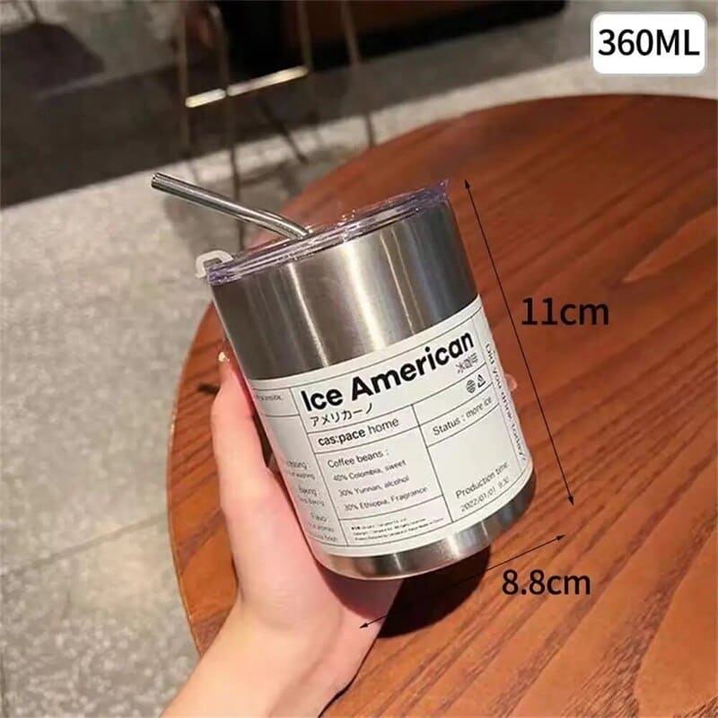 Copo Térmico de Aço Inox Portátil com Tampa Hermética - Prata - 360ML Casa Elège