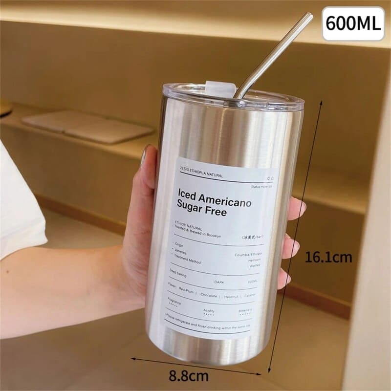 Copo Térmico de Aço Inox Portátil com Tampa Hermética - Prata - 600ML Casa Elège