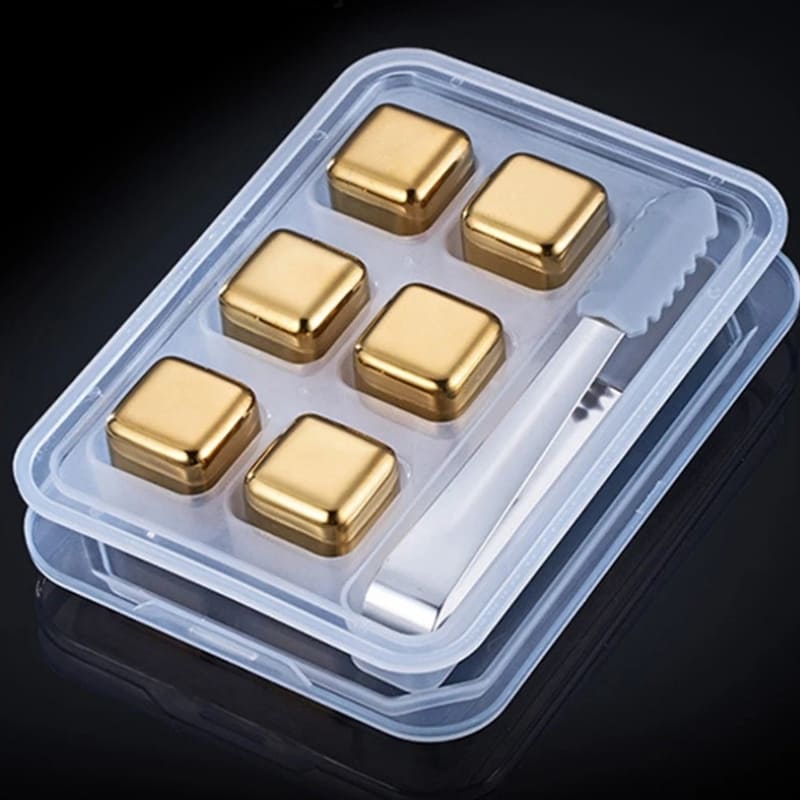 Cubos De Gelo Em Aço Inox Dourado Com Pegador Elegante - 6 unidades + Pegador Casa Elège