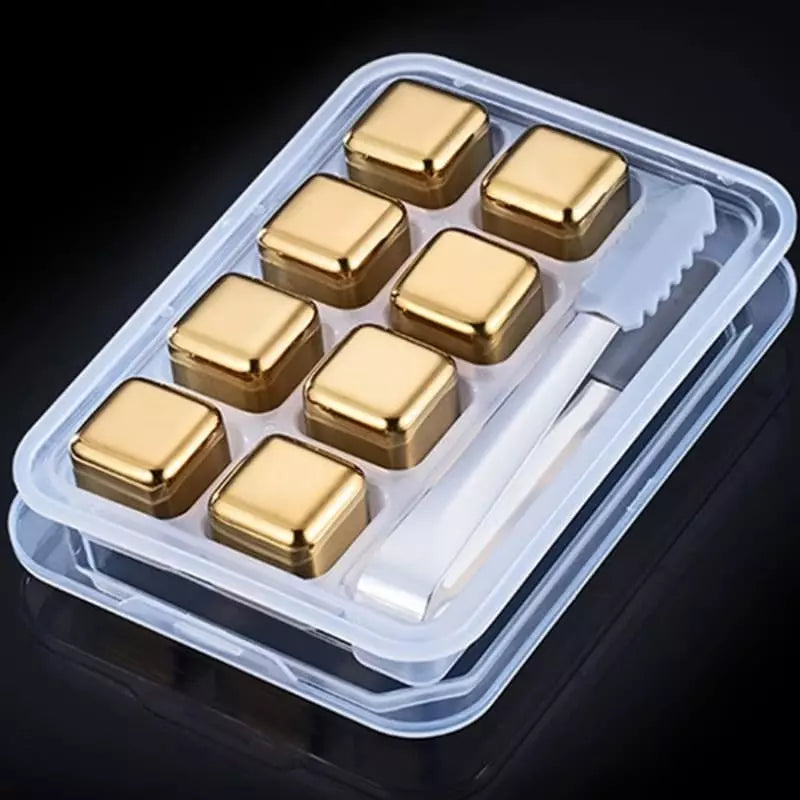 Cubos De Gelo Em Aço Inox Dourado Com Pegador Elegante - 8 unidades + Pegador Casa Elège