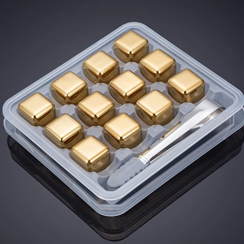 Cubos De Gelo Em Aço Inox Dourado Com Pegador Elegante - 12 unidades + Pegador Casa Elège