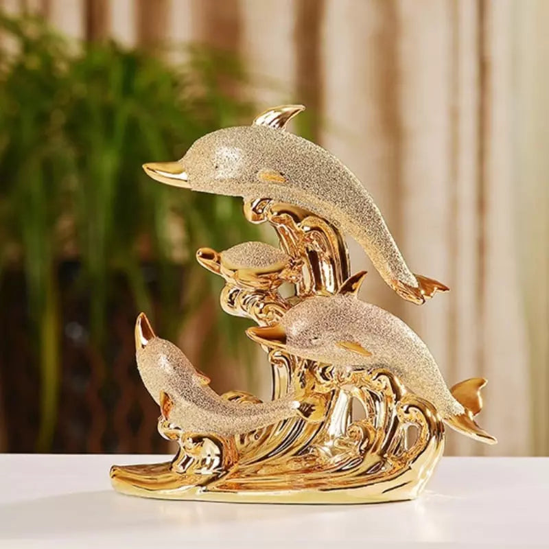 Estátua de Golfinhos em Cerâmica Dourada Brilhante para Mesa - Casa Elège