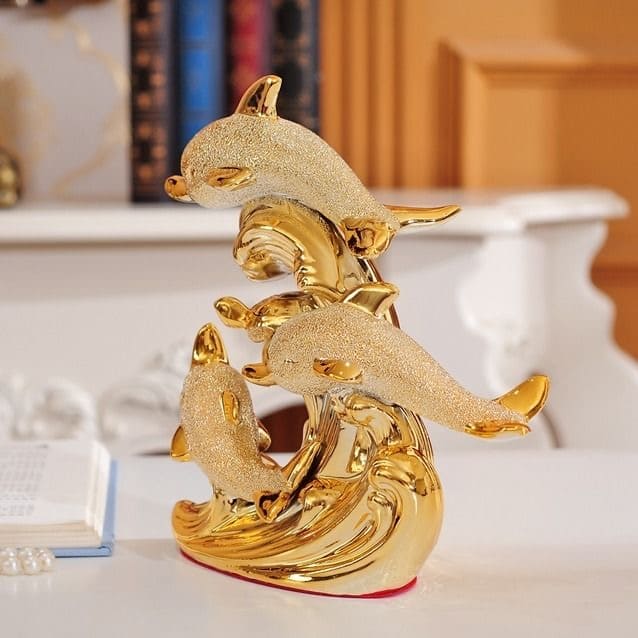Estátua de Golfinhos em Cerâmica Dourada Brilhante para Mesa - Casa Elège