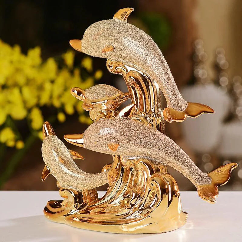 Estátua de Golfinhos em Cerâmica Dourada Brilhante para Mesa - Casa Elège