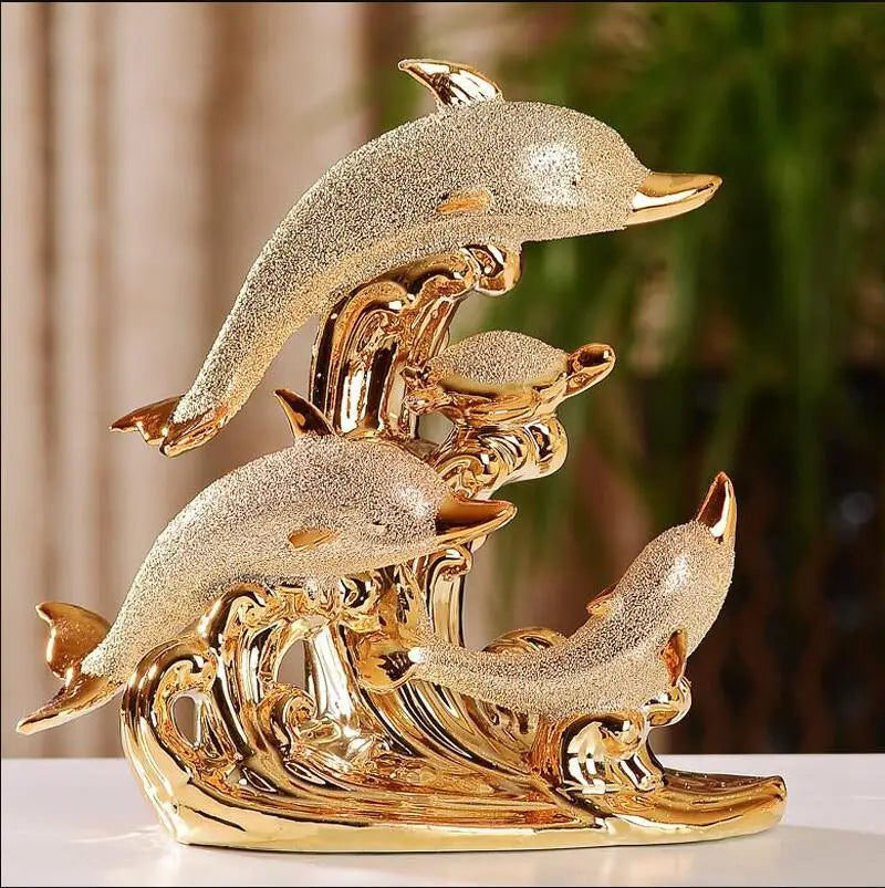 Estátua de Golfinhos em Cerâmica Dourada Brilhante para Mesa - Casa Elège