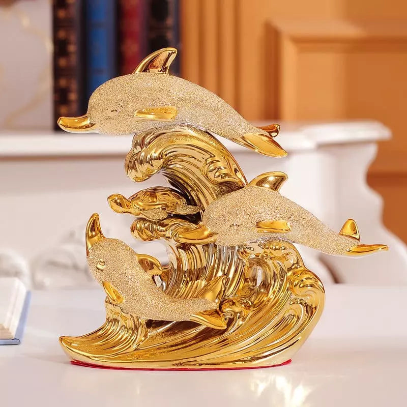 Estátua de Golfinhos em Cerâmica Dourada Brilhante para Mesa - Casa Elège