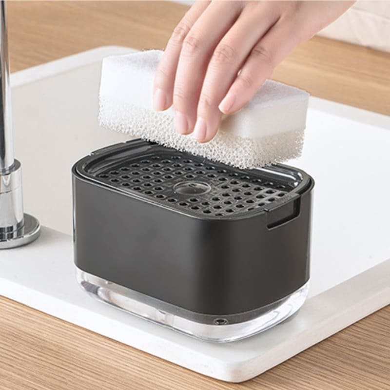 Dispenser de Detergente em Plástico com Porta-Esponja - Preto Simples Casa Elège