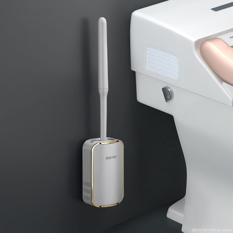 Escova Sanitária em Silicone com Suporte Suspenso Moderno - Cinza Dourado Casa Elège